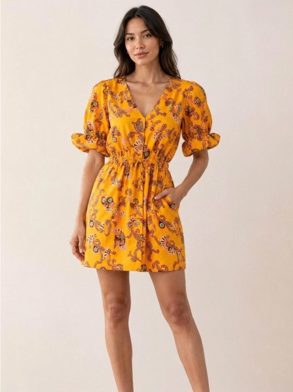 A.L.C. Mia 100% cotton floral yellow orange puff sleeve mini dress, size 10